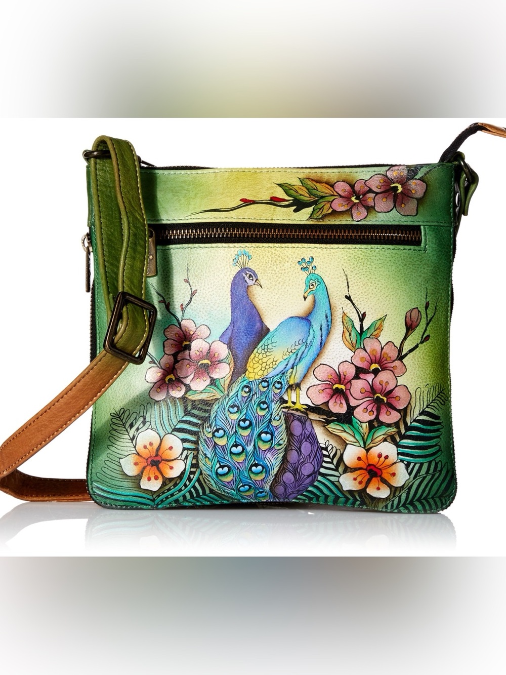 Anuschka Hand Painted Leather Peacock Floral Crossbody Shoulder Bag Adjustable